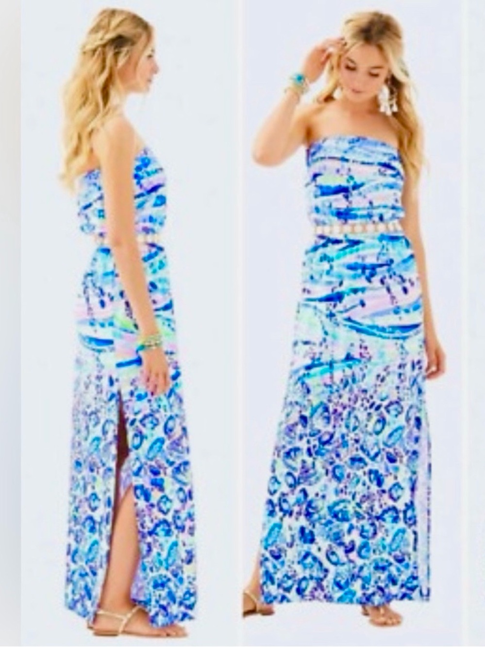 Lilly Pulitzer Mika Strapless Maxi Dress Blue Current Chasing Waves Engineered M